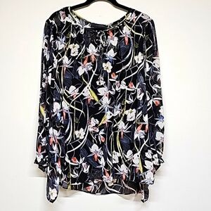 Grace Elements Floral Woven Long Sleeve Blouse, Key hole tie neck, 3X NWT